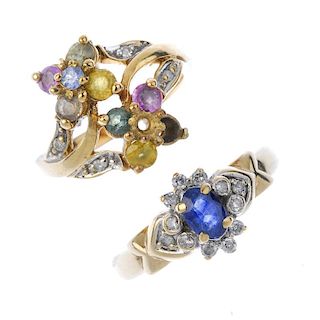 Two 9ct gold sapphire and diamond dress rings. To include a sapphire and diamond cluster ring and a