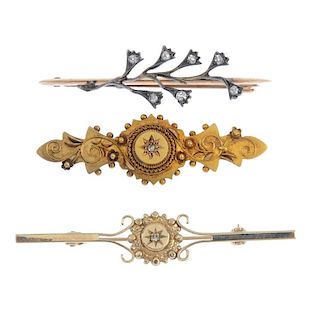 A selection of three diamond brooches. To include an early 20th century 15ct gold rose-cut diamond r