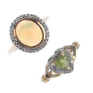 A selection of four diamond and gem-set rings. To include a 9ct gold opal and diamond cluster ring,