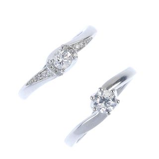 Two 9ct gold diamond single-stone rings. The first designed as a brilliant-cut diamond to the pave-s
