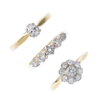 A selection of three 18ct gold diamond rings. To include an oval-shape diamond single-stone ring, a