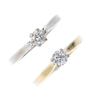 Two 18ct gold diamond single-stone rings. Each designed as a brilliant-cut diamond, to the tapered s
