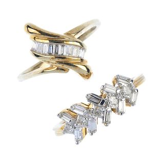 A selection of three 9ct gold rings. To include a diamond crossover ring, a diamond dress ring, toge