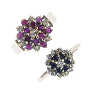 A selection of four 9ct gold diamond and gem-set rings. To include a ruby and diamond cluster ring,