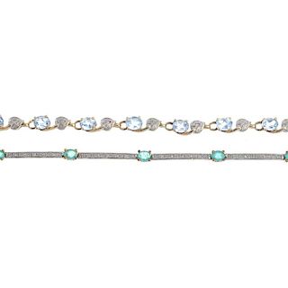 Two 9ct gold diamond and gem-set bracelets. To include an emerald and diamond bracelet and a blue to