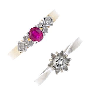 Two diamond and gem-set dress rings. To include a brilliant-cut diamond cluster ring and a ruby and
