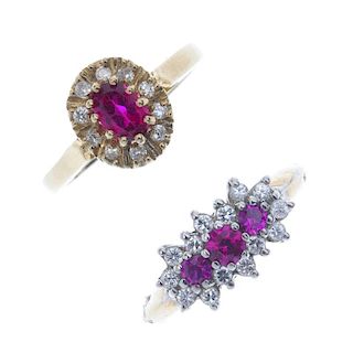 Two 9ct gold synthetic ruby and paste rings. To include a cluster ring and a triple cluster ring. Ha
