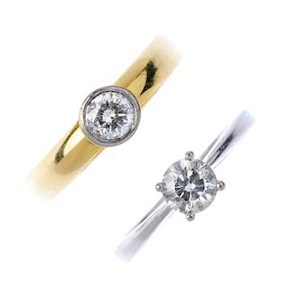 Two 18ct gold diamond single-stone rings. The first designed as a brilliant-cut diamond collet singl