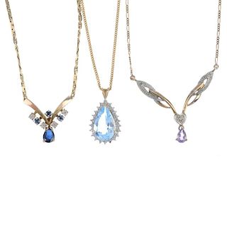 A selection of 9ct gold diamond and gem-set necklaces and a pendant. To include a sapphire and diamo
