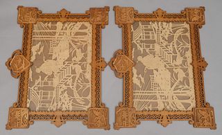 Pair Of Folk Art Carved Woodcut Work in Frames