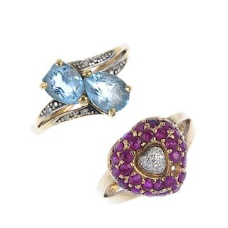 A selection of three diamond and gem-set rings. To include a diamond and ruby heart ring, a 9ct gold