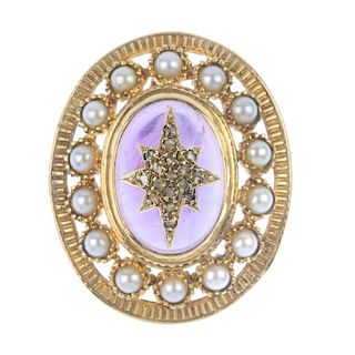 A 9ct gold amethyst, diamond and split pearl pendant. The diamond point star, inset to the oval amet