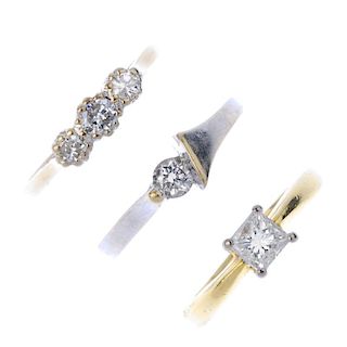 A selection of three diamond rings. To include a square-shape diamond single-stone ring, graduated c