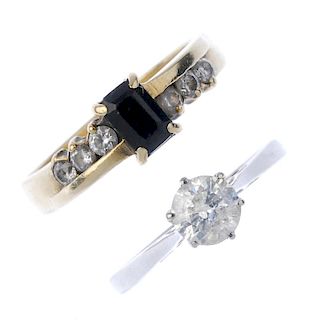 Two 9ct gold diamond and gem-set rings. To include a brilliant-cut diamond single-stone ring, togeth
