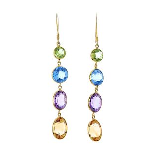 A pair of multi-gem ear pendants. Each designed as a vari-shape peridot, blue topaz, amethyst and ci