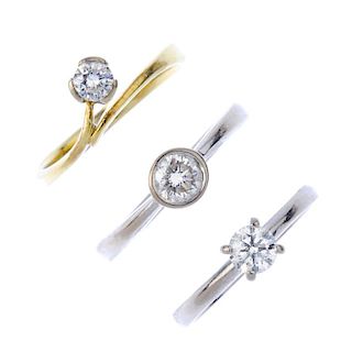 A selection of three 18ct gold diamond rings. To include a brilliant-cut diamond collet single-stone
