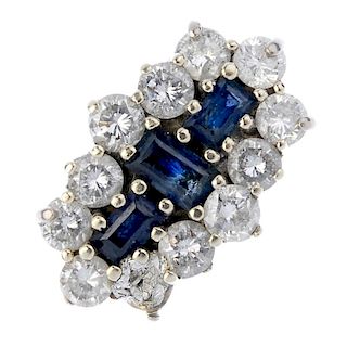 An 18ct gold sapphire and diamond dress ring. The rectangular-shape sapphires, within a brilliant-cu