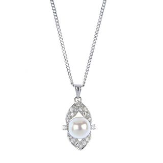 A cultured pearl and diamond pendant. The cultured pearl measuring 7.8mms, with single-cut diamond c