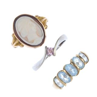 A selection of five gem-set rings. To include an early 20th century 9ct gold shell cameo ring, a 9ct