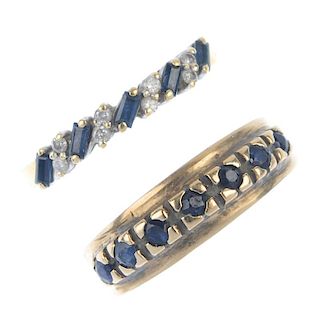 Two gold gem-set rings. The first designed as an 18ct gold rectangular-shape sapphire line with doub