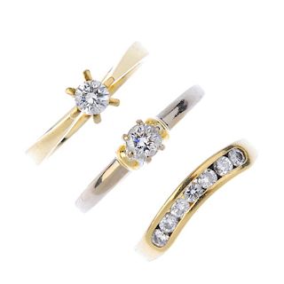 A selection of three diamond rings. To include an 18ct gold brilliant-cut diamond ring of bi-colour