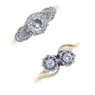 Two mid 20th century 18ct gold diamond rings. To include a brilliant-cut diamond two-stone crossover
