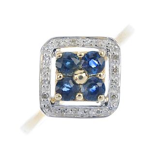A 9ct gold sapphire and diamond cluster ring. The circular-shape sapphire quatrefoil and bead highli