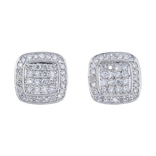 A pair of 14ct gold diamond earrings. Each designed as a pave-set diamond curved square-shape panel,