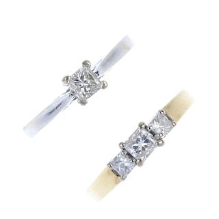 Two 18ct gold diamond rings. To include a square-shape diamond single-stone ring, together with a gr