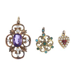 A selection of gem-set jewellery. To include an amethyst and cultured pearl openwork foliate pendant