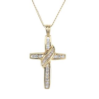 A 14ct gold diamond cross pendant. The brilliant-cut diamond cross, with graduated baguette-cut diam