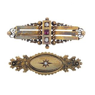 A selection of three late 19th to early 20th century brooches. To include a ruby and diamond triple