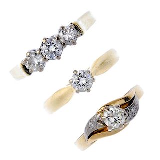 A selection of three 18ct gold diamond rings. To include a graduated brilliant-cut diamond three-sto