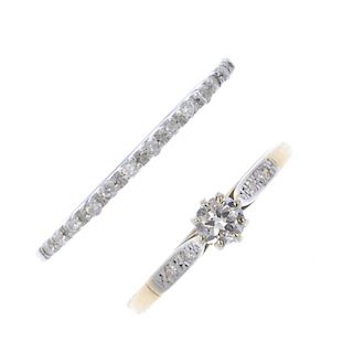 Two diamond dress rings. To include a circular-cut diamond single-stone ring with diamond line shoul