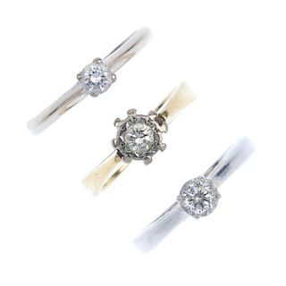 A selection of three 18ct gold diamond rings. To include a circular-cut diamond single-stone ring wi