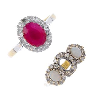 Two 18ct gold gem-set dress rings. To include an oval-shape ruby and single-cut diamond cluster ring