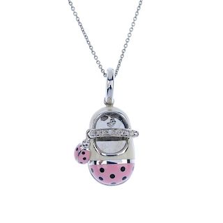 AARON BASHA - an enamel 'ladybug' and diamond baby shoe pendant. The shoe with pink and black polka