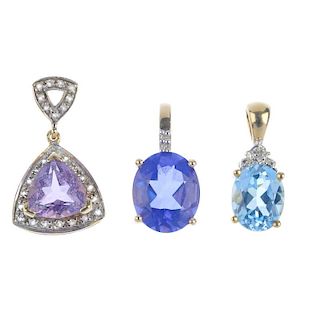A selection of ten gem-set pendants. To include a 9ct gold amethyst and colourless-gem pendant, a sa