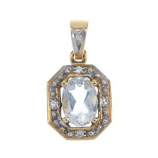 A topaz and diamond pendant. The oval-shape blue topaz, within a single-cut diamond accent surround,