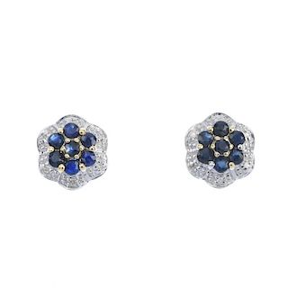 A pair of 9ct gold sapphire and diamond flower cluster ear studs. Each designed as a circular-shape