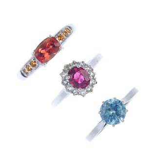 A selection of three gem-set rings. To include a 9ct gold red spinel and colourless-gem cluster ring