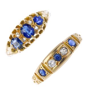 Two early 20th century 18ct gold diamond and sapphire dress rings. To include a graduated oval-shape