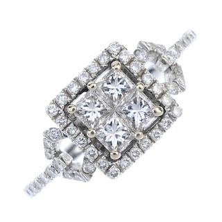 A diamond dress ring. The four square-shape diamonds, within a brilliant-cut diamond surround, to th