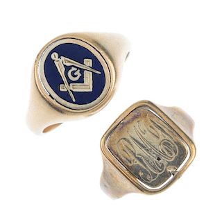Two 9ct gold enamel swivel Masonic rings. The first with rectangular-shape monogrammed and blue enam