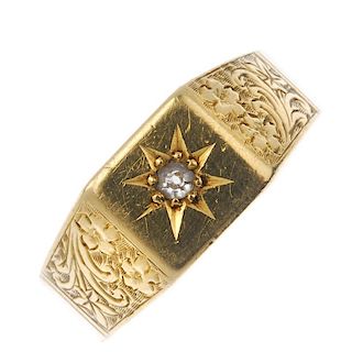 A gentleman's early 20th century 18ct gold diamond ring. The old-cut diamond star, within a square-s