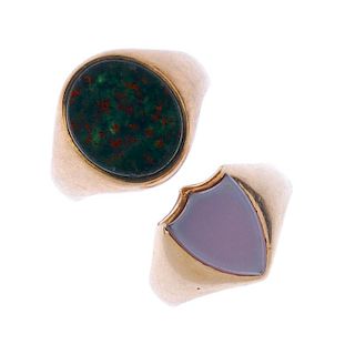 Two gentleman's 9ct gold late Victorian signet rings. To include an oval-shape bloodstone signet rin