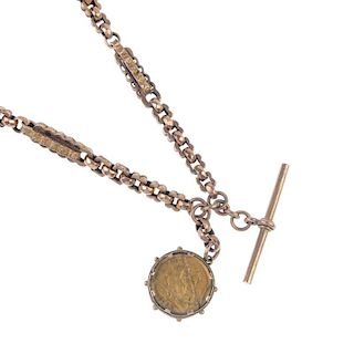 An early 20th century 9ct gold double Albert, with half-sovereign fob. The textured fancy-link chain