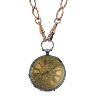 An early 20th century 9ct gold Albert with 9ct gold hardstone swivel fob and a pocket watch. The cur