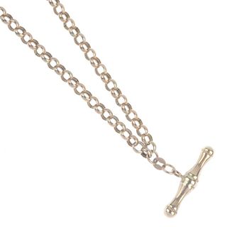 A 9ct gold Albert chain. The belcher-link chain, suspending a T-bar, with lobster clasp. Hallmarks f