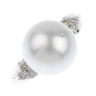 (117589) A cultured-pearl and diamond dress ring. The cultured pearl measuring approximately 11.8mms